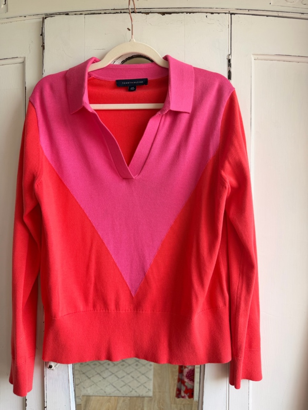 Tommy Hilfiger Pink and Coral V-Neck Collared Colorblock Sweater